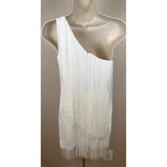NO PISE LA GRAMA Cascada One Shoulder Fringe Satin White Mini Dress Sz 0 - Picture 9 of 11